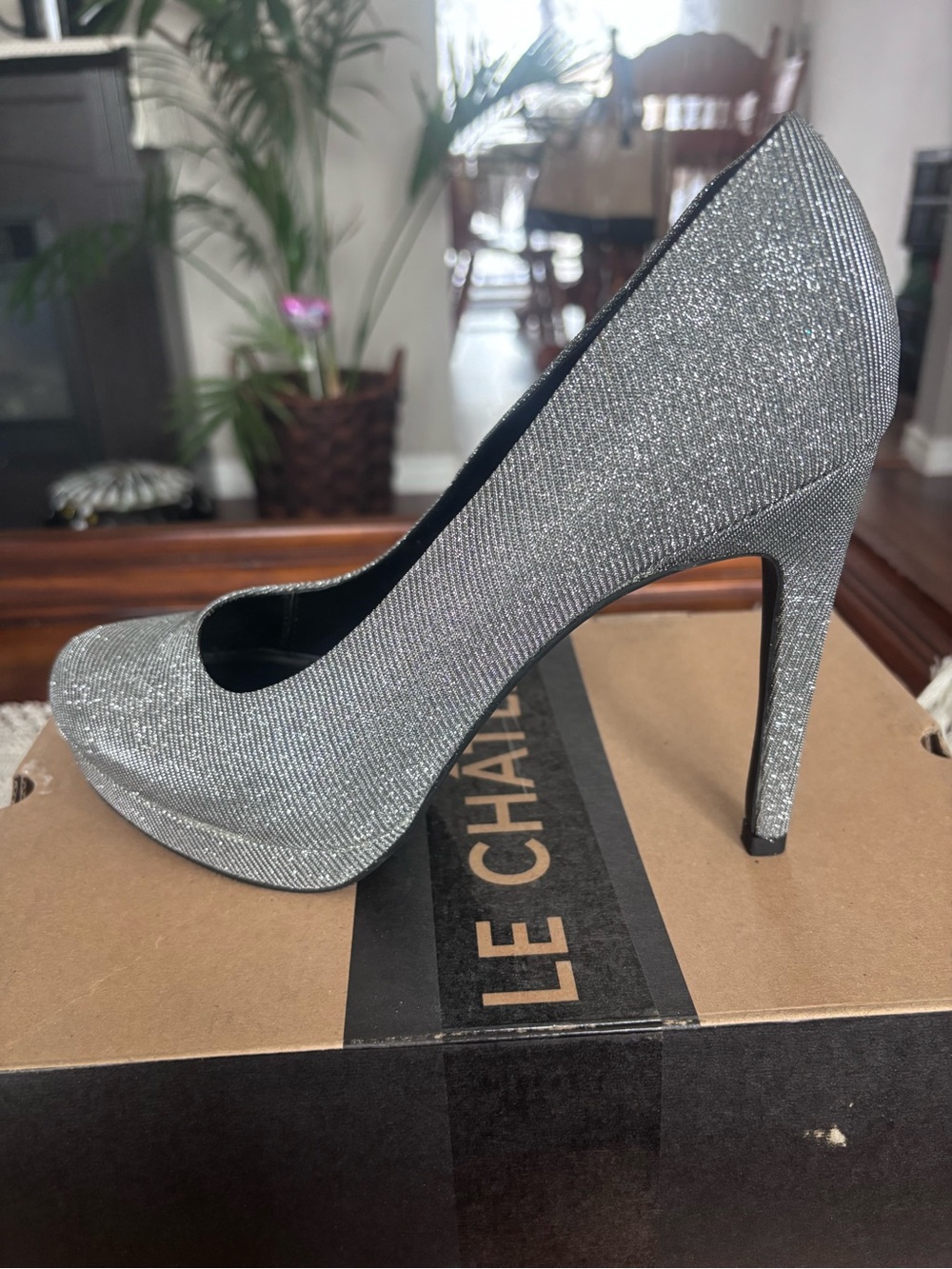 le chateau Silver Glitter Platform High Heels